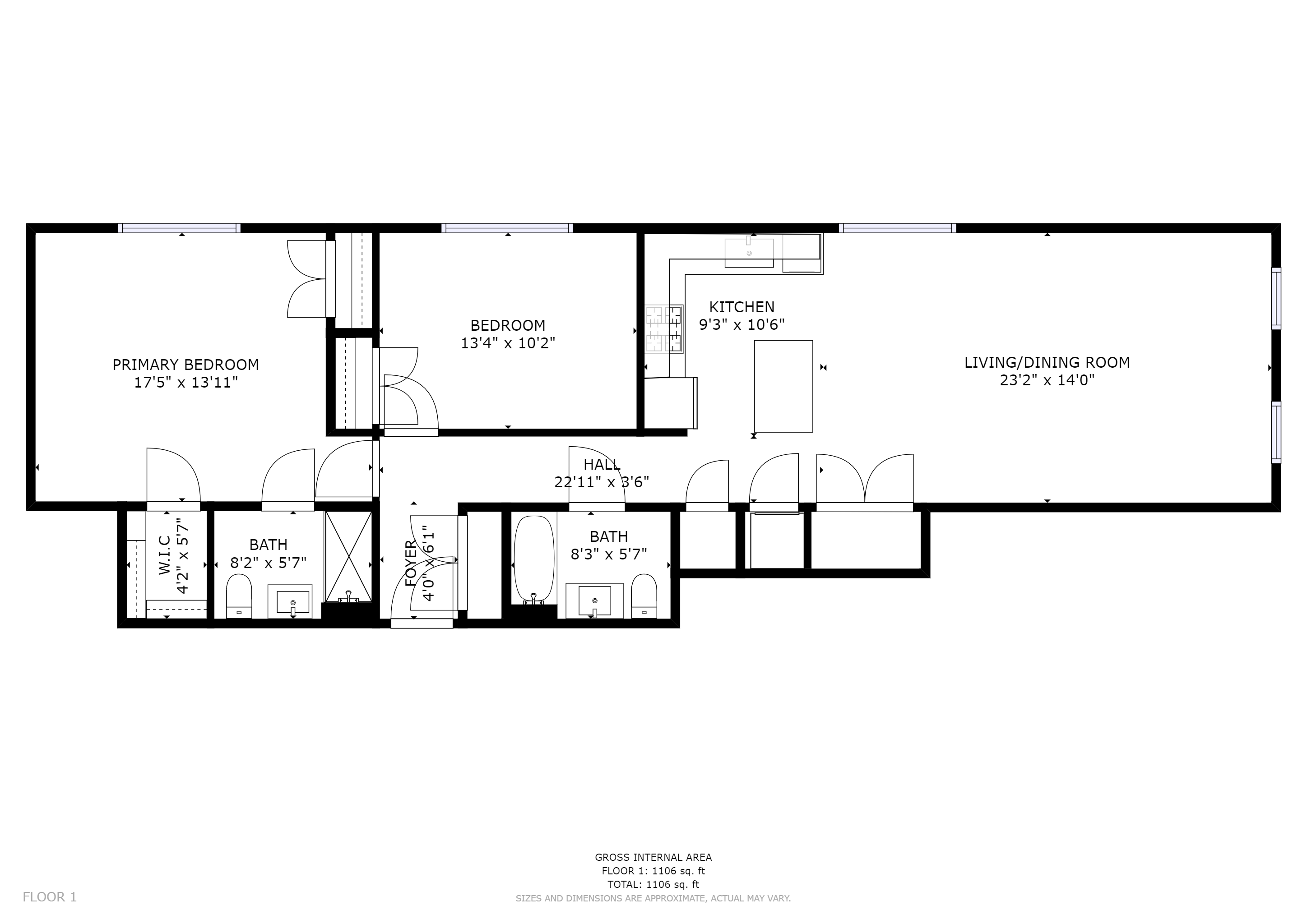 Floor plan for 2 beds, 2 baths, 1137 sqft